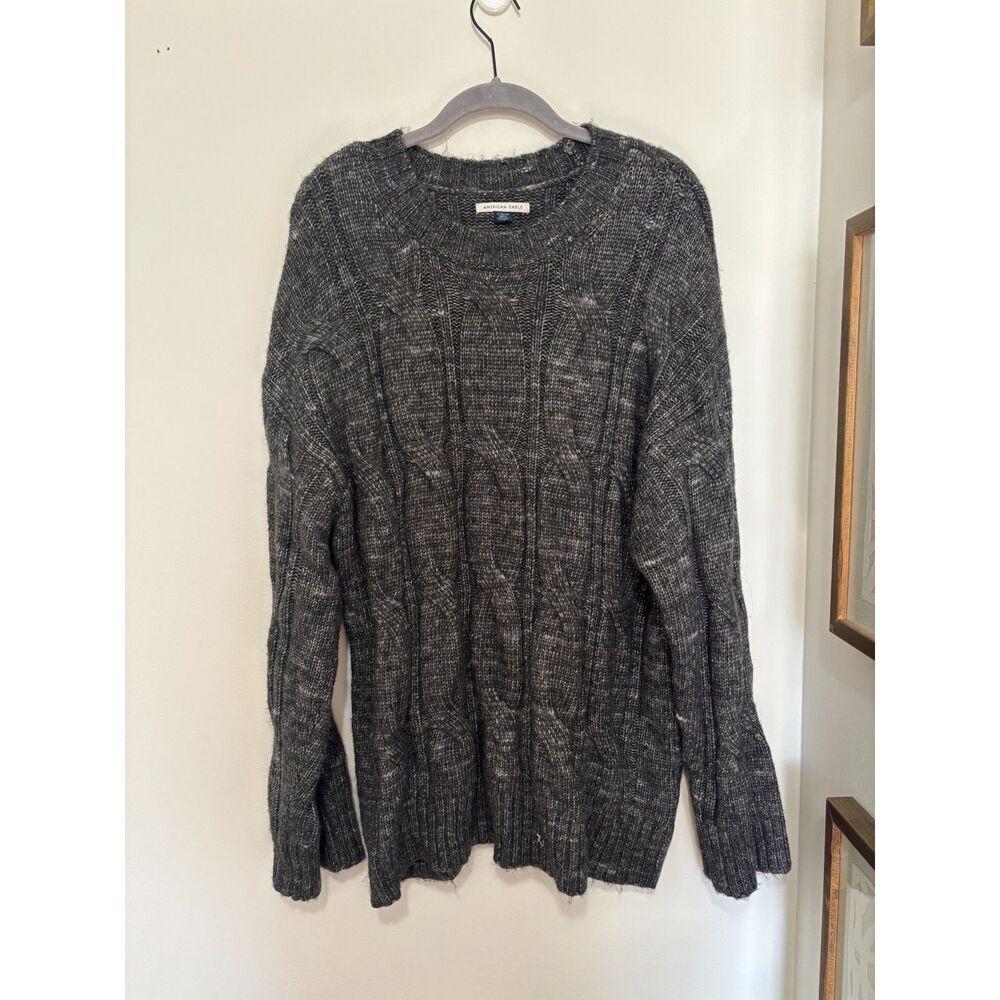 American‎ Eagle Cable Knit Sweater XL Soft Marled Gray Crewneck Cabincore Cozy
